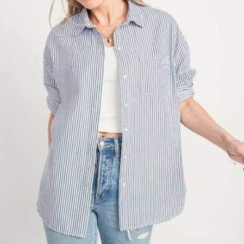 Old Navy M Oversized Striped Boyfriend Shirt Cotton Long Sleeve Button Down Top
